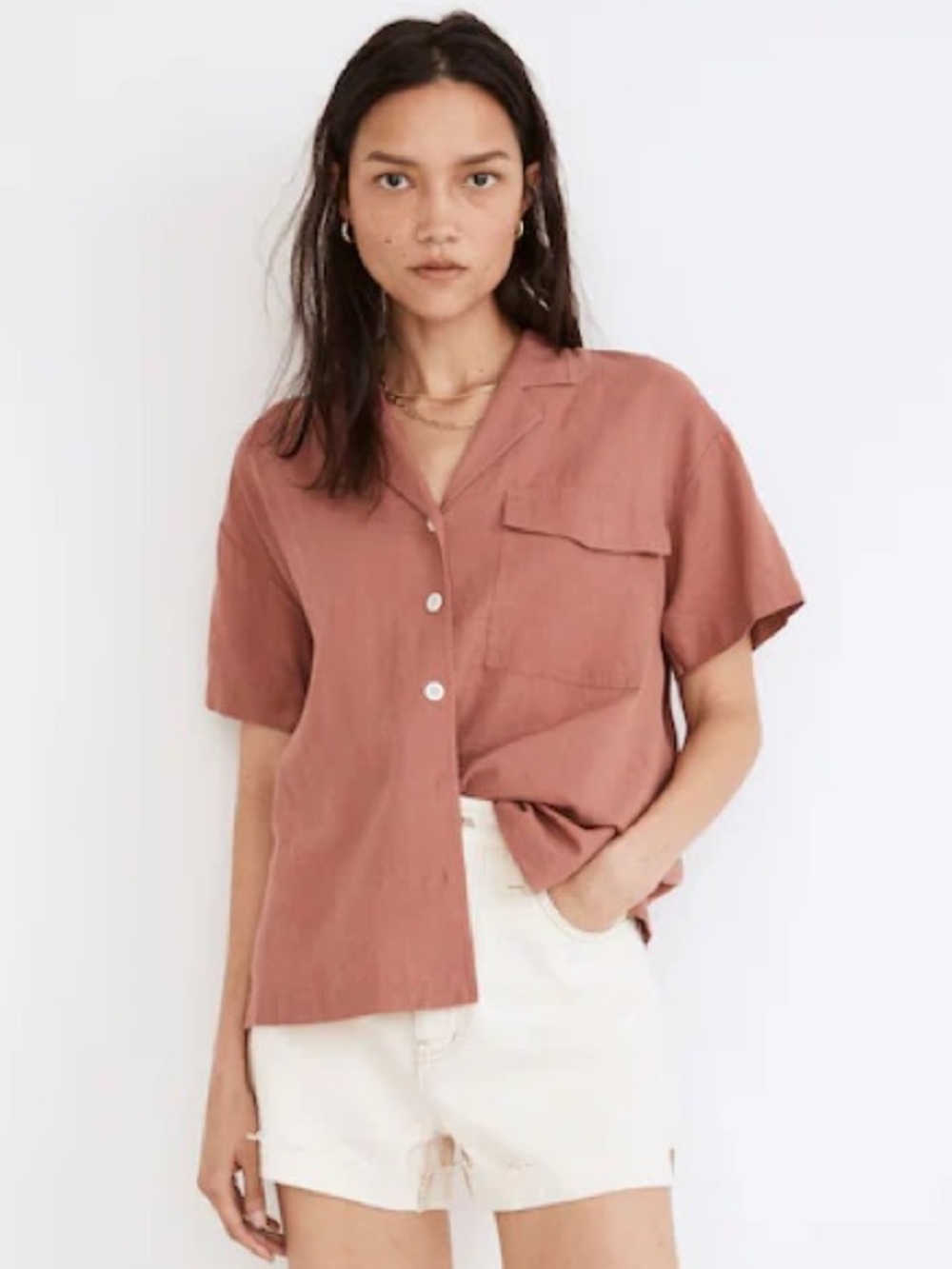 Madewell Linen Viscose Blend Dusty Rose Oversized Button-Up Camp Shirt